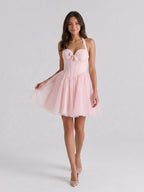 Blushing Pink Tulle A-Line Halter Criss-Cross Short Homecoming Dress with Bow - Curvevia