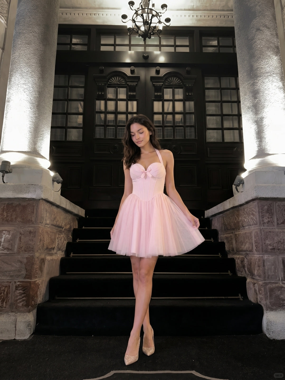 Blushing Pink Tulle A-Line Halter Criss-Cross Short Homecoming Dress with Bow - Curvevia