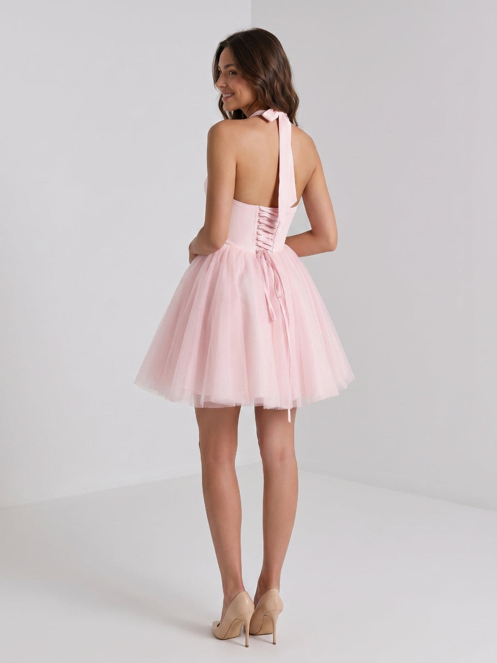 Blushing Pink Tulle A-Line Halter Criss-Cross Short Homecoming Dress with Bow - Curvevia