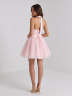 Blushing Pink Tulle A-Line Halter Criss-Cross Short Homecoming Dress with Bow - Curvevia