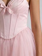 Blushing Pink Tulle A-Line Halter Criss-Cross Short Homecoming Dress with Bow - Curvevia