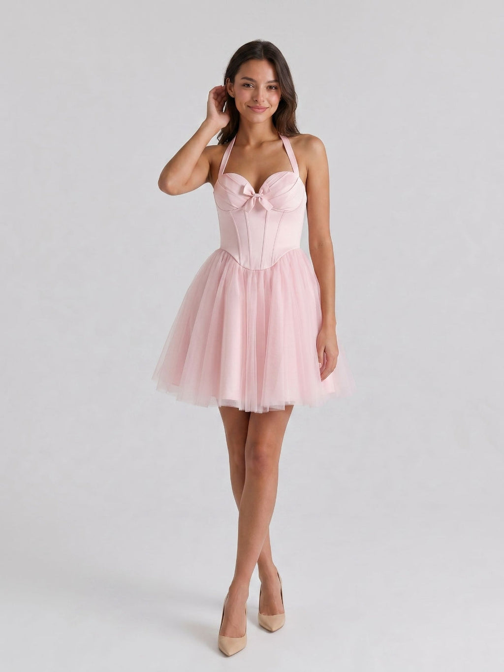 Blushing Pink Tulle A-Line Halter Criss-Cross Short Homecoming Dress with Bow - Curvevia