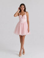 Blushing Pink Tulle A-Line Halter Criss-Cross Short Homecoming Dress with Bow - Curvevia