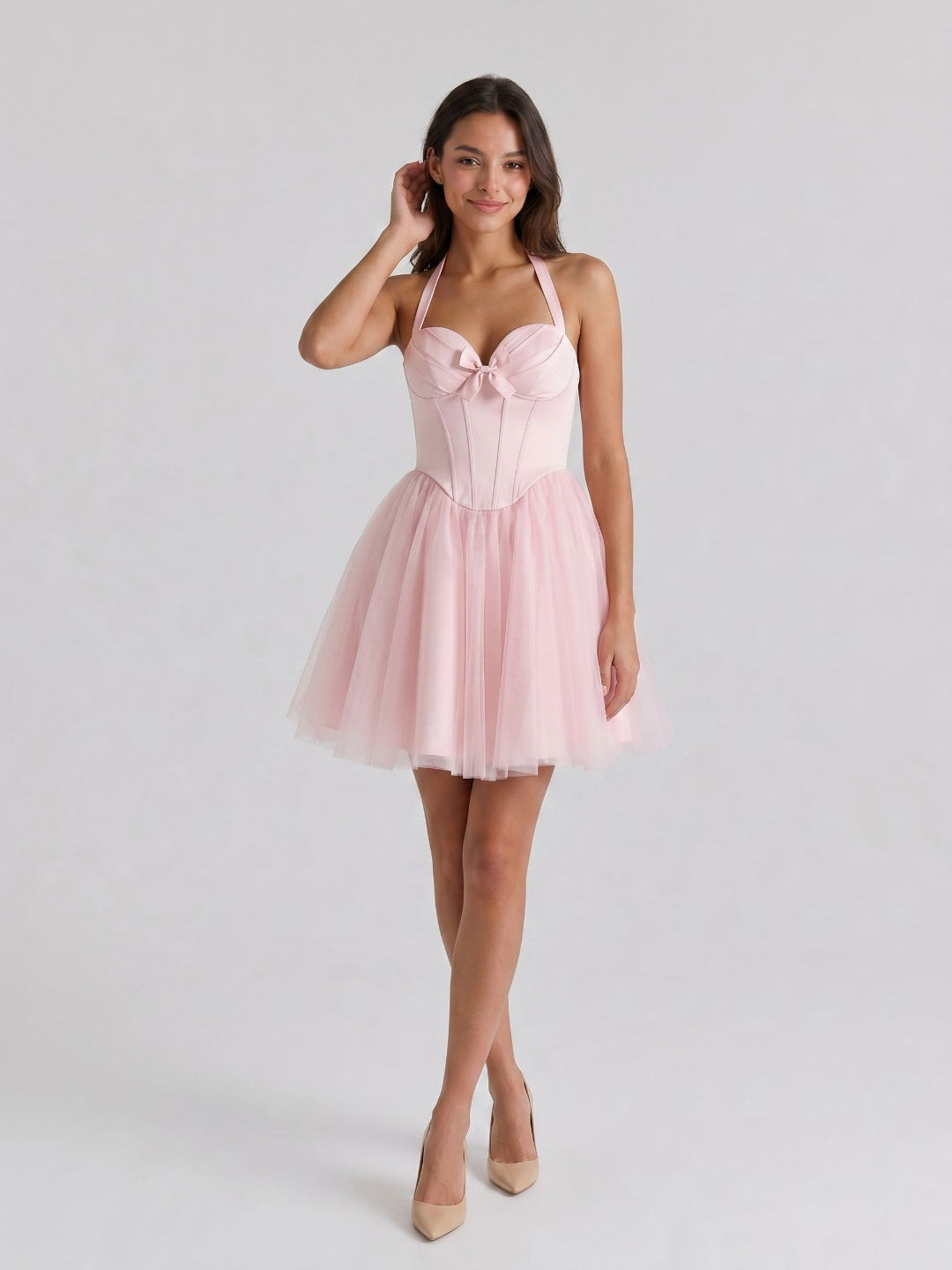 Blushing Pink Tulle A-Line Halter Criss-Cross Short Homecoming Dress with Bow - Curvevia
