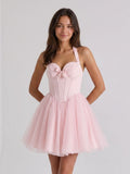 Blushing Pink Tulle A-Line Halter Criss-Cross Short Homecoming Dress with Bow - Curvevia