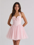 Blushing Pink Tulle A-Line Halter Criss-Cross Short Homecoming Dress with Bow - Curvevia