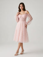 Blushing Pink Tulle A-Line Sweetheart Back Zip Short Homecoming Dress with Sequins - Curvevia