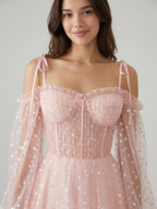 Blushing Pink Tulle A-Line Sweetheart Back Zip Short Homecoming Dress with Sequins - Curvevia