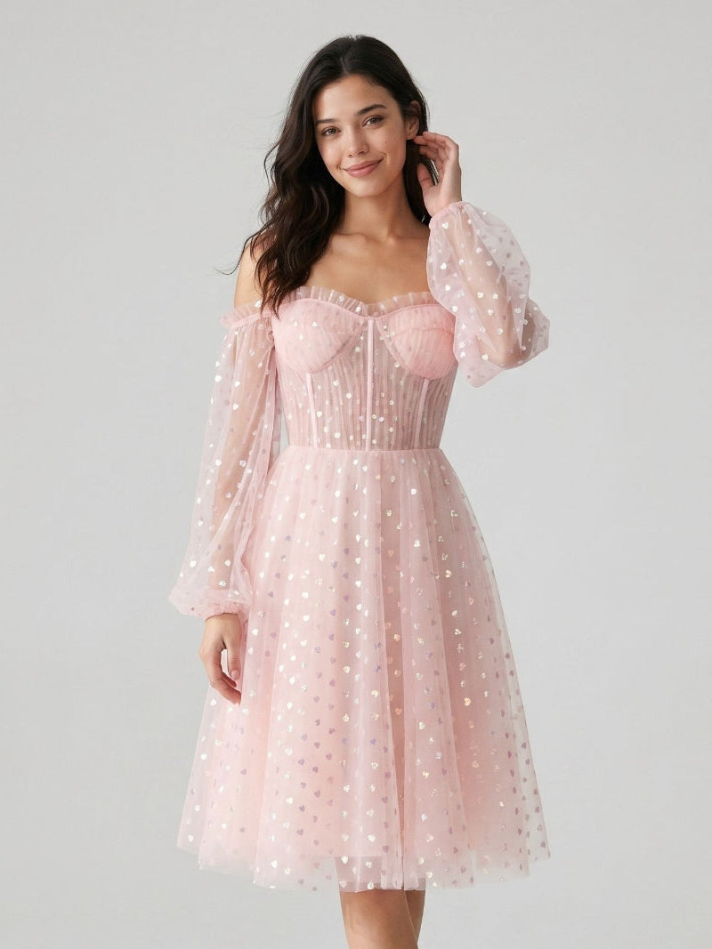 Blushing Pink Tulle A-Line Sweetheart Back Zip Short Homecoming Dress with Sequins - Curvevia