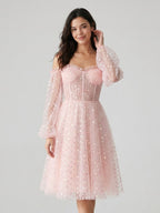 Blushing Pink Tulle A-Line Sweetheart Back Zip Short Homecoming Dress with Sequins - Curvevia