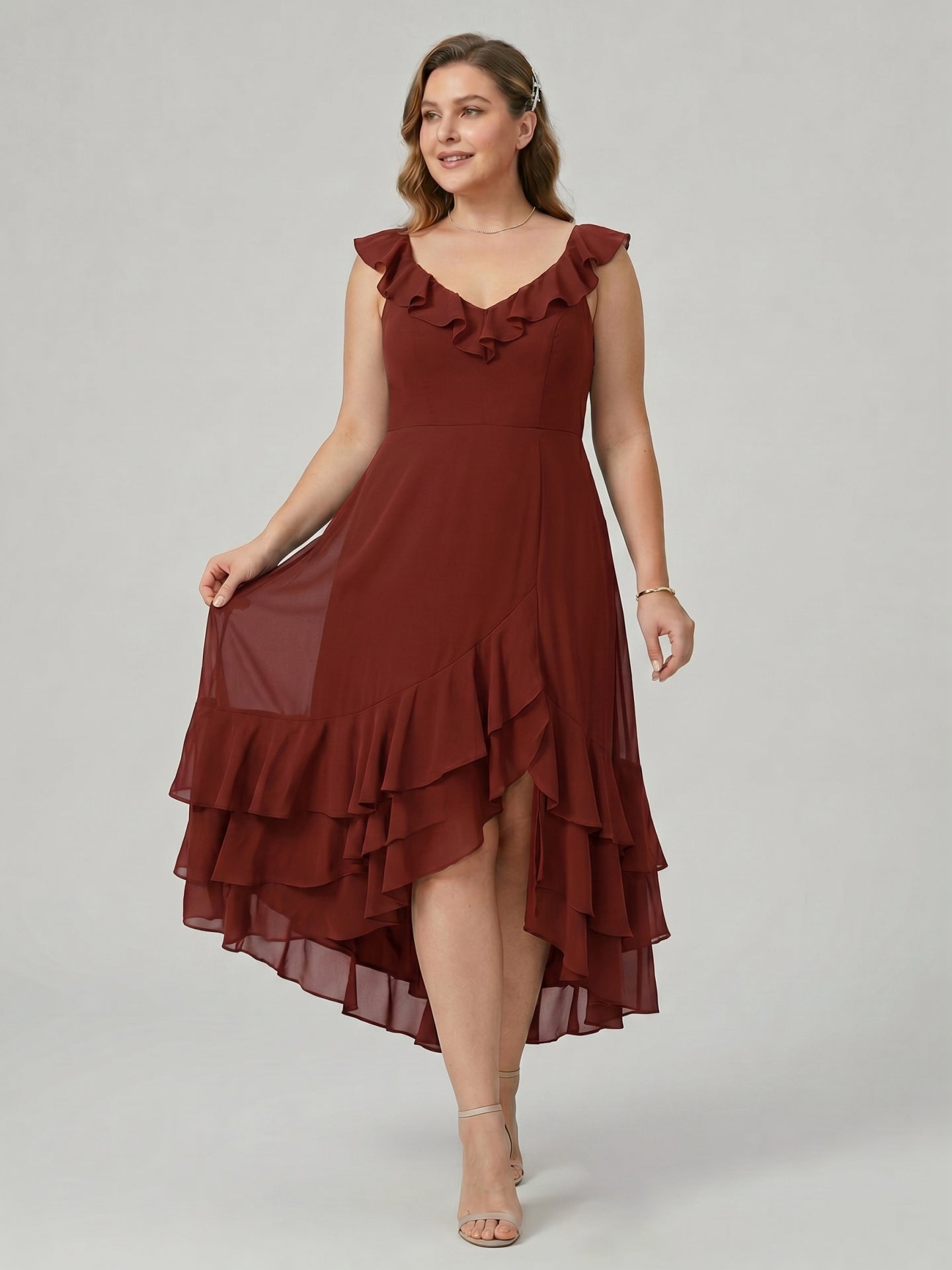 Boho Wine Chiffon A-Line V-Neck Backless Asymmetrical Plus Size Length Bridesmaid Dress with Cascading Ruffles - Curvevia