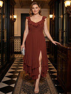 Boho Wine Chiffon A-Line V-Neck Backless Asymmetrical Plus Size Length Bridesmaid Dress with Cascading Ruffles - Curvevia