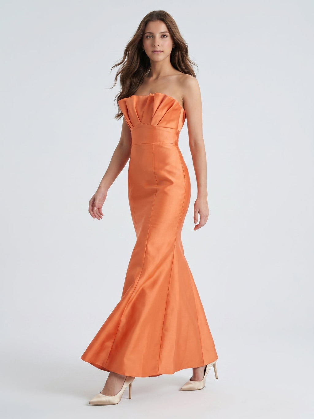 Bold Orange Satin Trumpet Straight Neck Backless Floor-Length Bridesmaid Dress with Pleated Detail - Curvevia