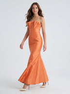 Bold Orange Satin Trumpet Straight Neck Backless Floor-Length Bridesmaid Dress with Pleated Detail - Curvevia