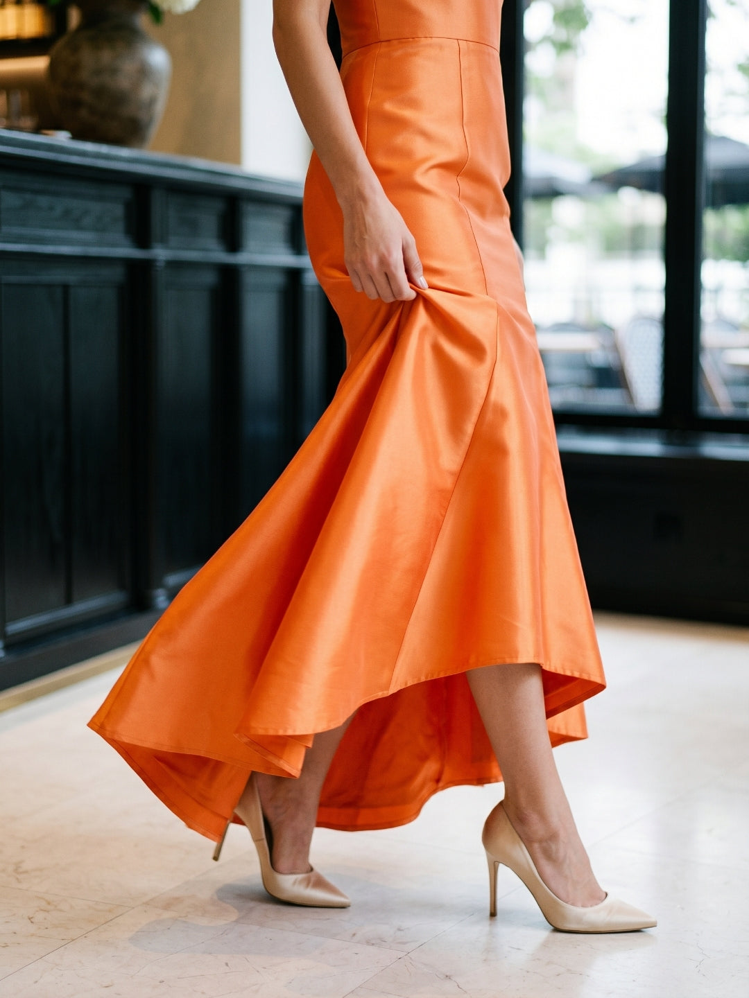Bold Orange Satin Trumpet Straight Neck Backless Floor-Length Bridesmaid Dress with Pleated Detail - Curvevia