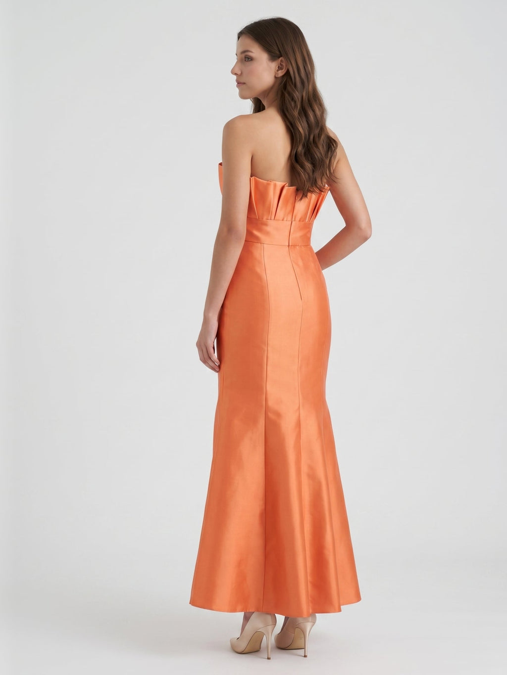 Bold Orange Satin Trumpet Straight Neck Backless Floor-Length Bridesmaid Dress with Pleated Detail - Curvevia