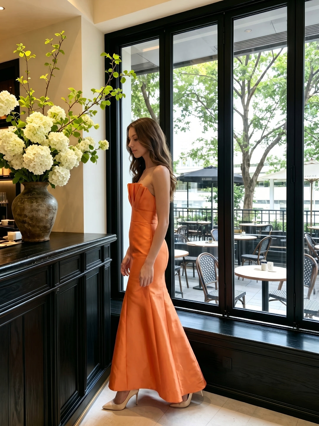 Bold Orange Satin Trumpet Straight Neck Backless Floor-Length Bridesmaid Dress with Pleated Detail - Curvevia