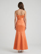 Bold Orange Satin Trumpet Straight Neck Backless Floor-Length Bridesmaid Dress with Pleated Detail - Curvevia