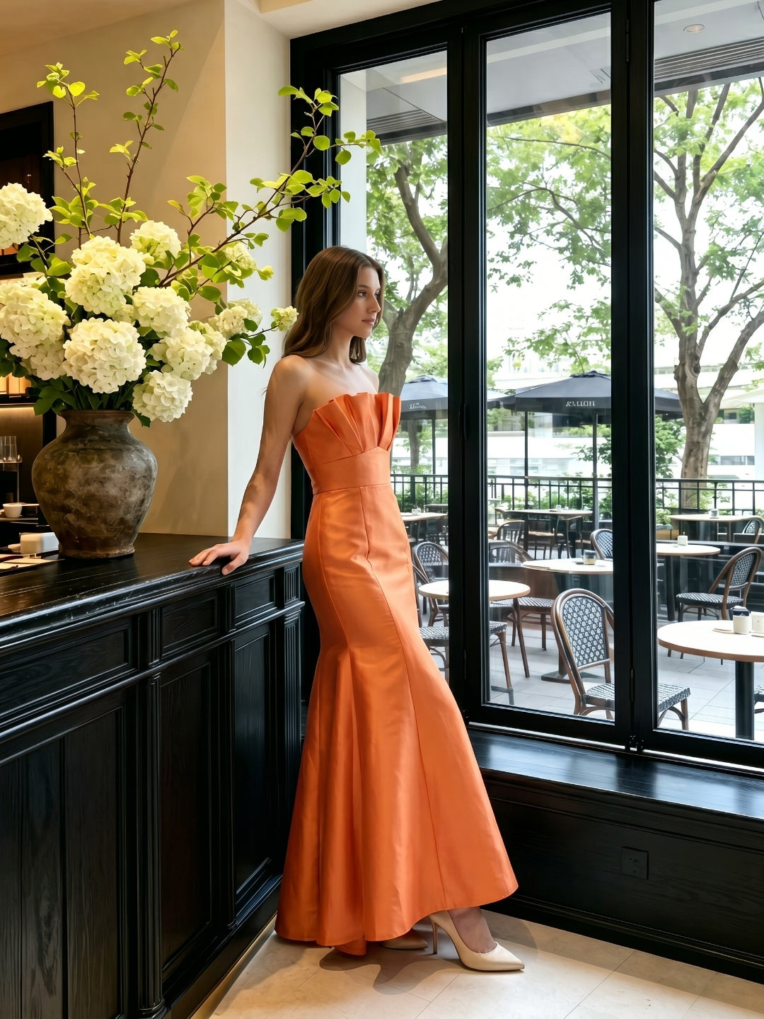 Bold Orange Satin Trumpet Straight Neck Backless Floor-Length Bridesmaid Dress with Pleated Detail - Curvevia