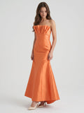 Bold Orange Satin Trumpet Straight Neck Backless Floor-Length Bridesmaid Dress with Pleated Detail - Curvevia