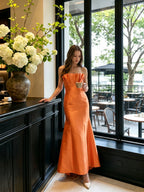 Bold Orange Satin Trumpet Straight Neck Backless Floor-Length Bridesmaid Dress with Pleated Detail - Curvevia