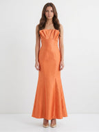 Bold Orange Satin Trumpet Straight Neck Backless Floor-Length Bridesmaid Dress with Pleated Detail - Curvevia