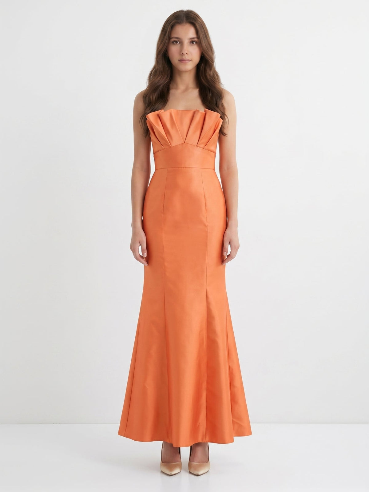 Bold Orange Satin Trumpet Straight Neck Backless Floor-Length Bridesmaid Dress with Pleated Detail - Curvevia