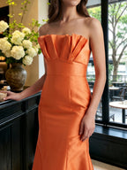 Bold Orange Satin Trumpet Straight Neck Backless Floor-Length Bridesmaid Dress with Pleated Detail - Curvevia