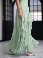 Breezy Dusty Sage Chiffon A-Line V-Neck Backless Floor-Length Bridesmaid Dress with Ruffle - Curvevia