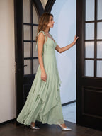 Breezy Dusty Sage Chiffon A-Line V-Neck Backless Floor-Length Bridesmaid Dress with Ruffle - Curvevia