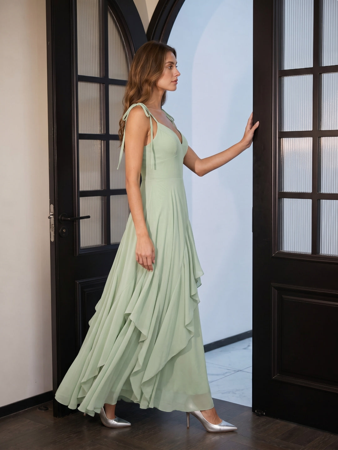 Breezy Dusty Sage Chiffon A-Line V-Neck Backless Floor-Length Bridesmaid Dress with Ruffle - Curvevia