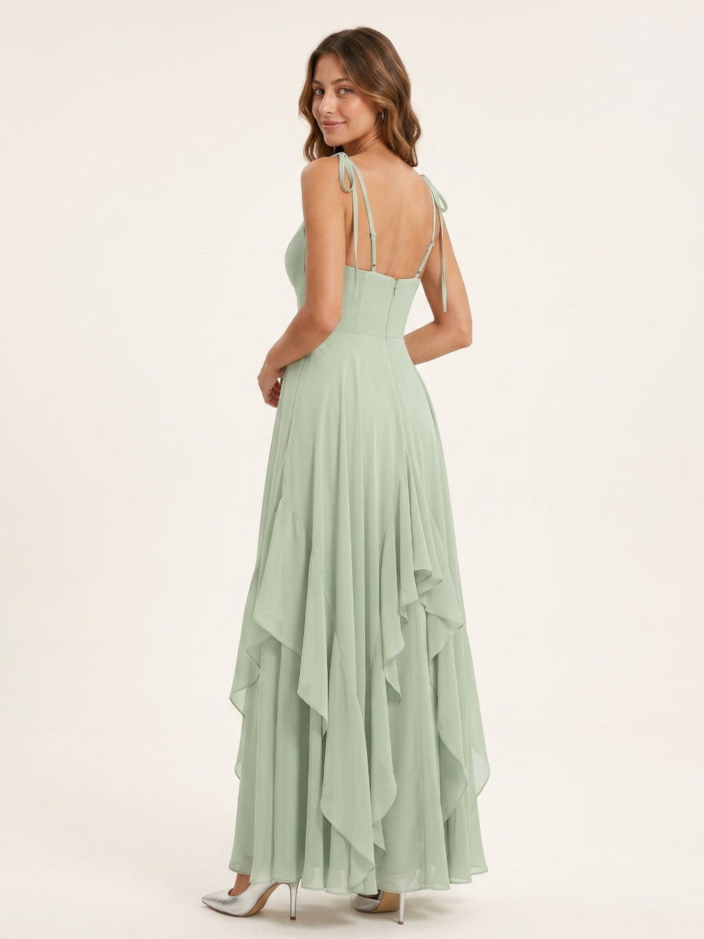 Breezy Dusty Sage Chiffon A-Line V-Neck Backless Floor-Length Bridesmaid Dress with Ruffle - Curvevia