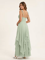 Breezy Dusty Sage Chiffon A-Line V-Neck Backless Floor-Length Bridesmaid Dress with Ruffle - Curvevia