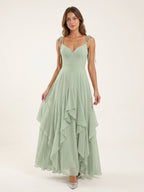 Breezy Dusty Sage Chiffon A-Line V-Neck Backless Floor-Length Bridesmaid Dress with Ruffle - Curvevia