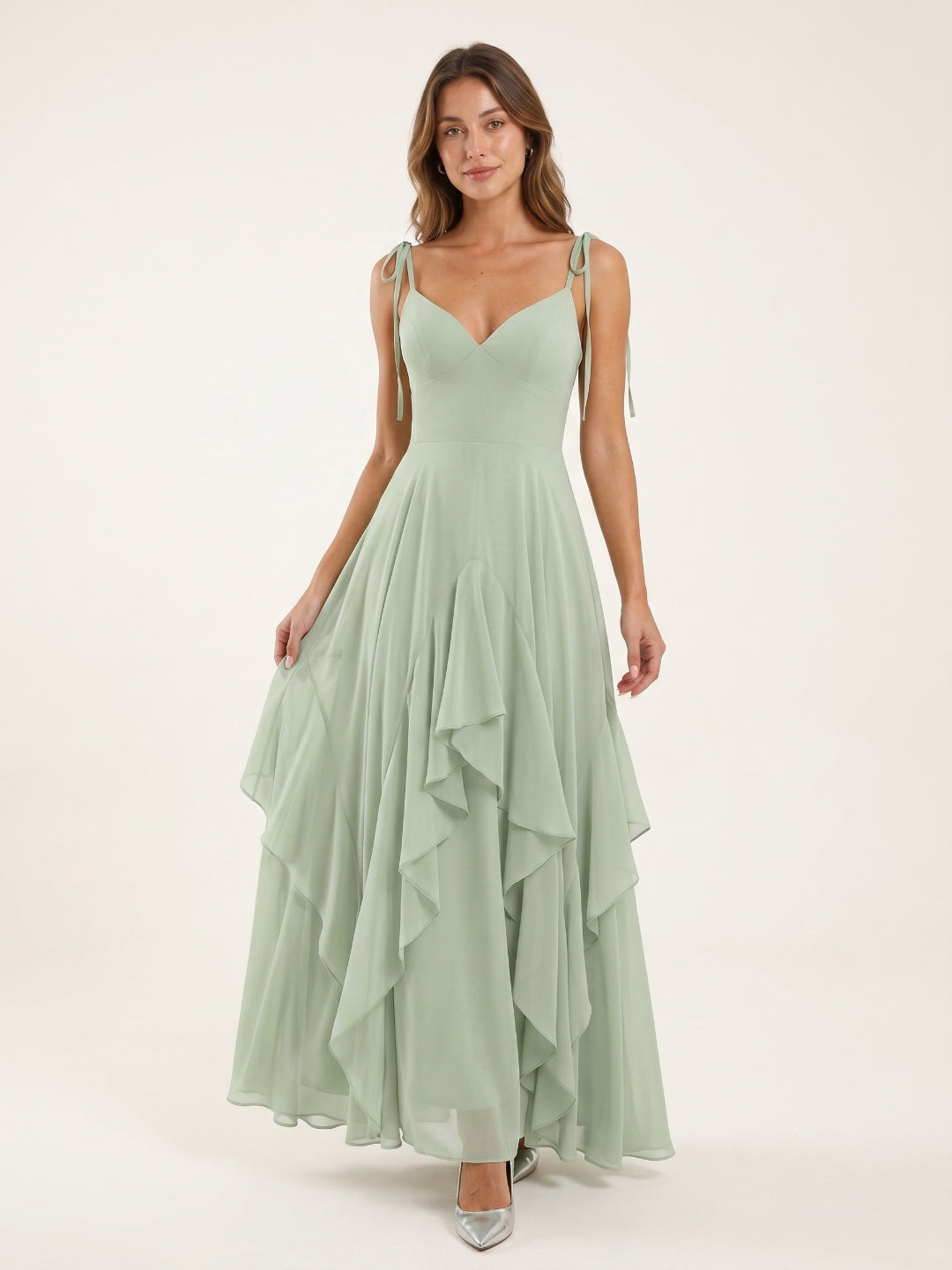 Breezy Dusty Sage Chiffon A-Line V-Neck Backless Floor-Length Bridesmaid Dress with Ruffle - Curvevia
