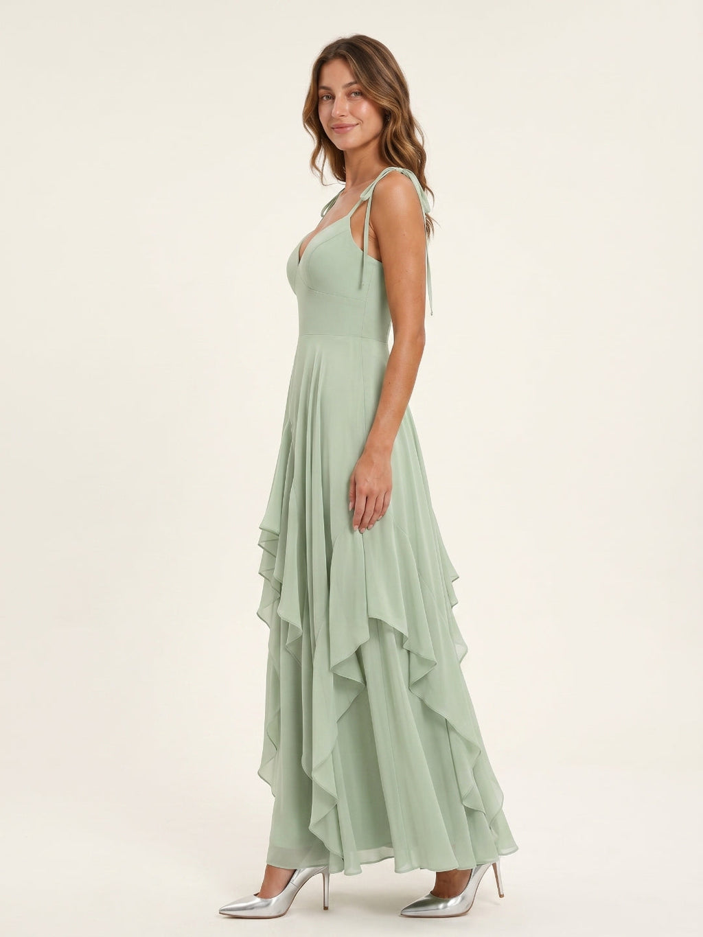 Breezy Dusty Sage Chiffon A-Line V-Neck Backless Floor-Length Bridesmaid Dress with Ruffle - Curvevia