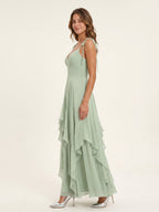 Breezy Dusty Sage Chiffon A-Line V-Neck Backless Floor-Length Bridesmaid Dress with Ruffle - Curvevia