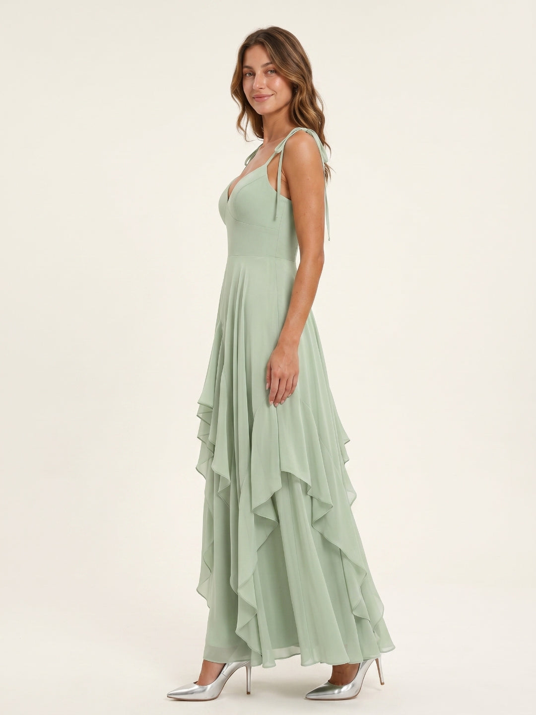 Breezy Dusty Sage Chiffon A-Line V-Neck Backless Floor-Length Bridesmaid Dress with Ruffle - Curvevia