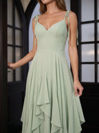 Breezy Dusty Sage Chiffon A-Line V-Neck Backless Floor-Length Bridesmaid Dress with Ruffle - Curvevia