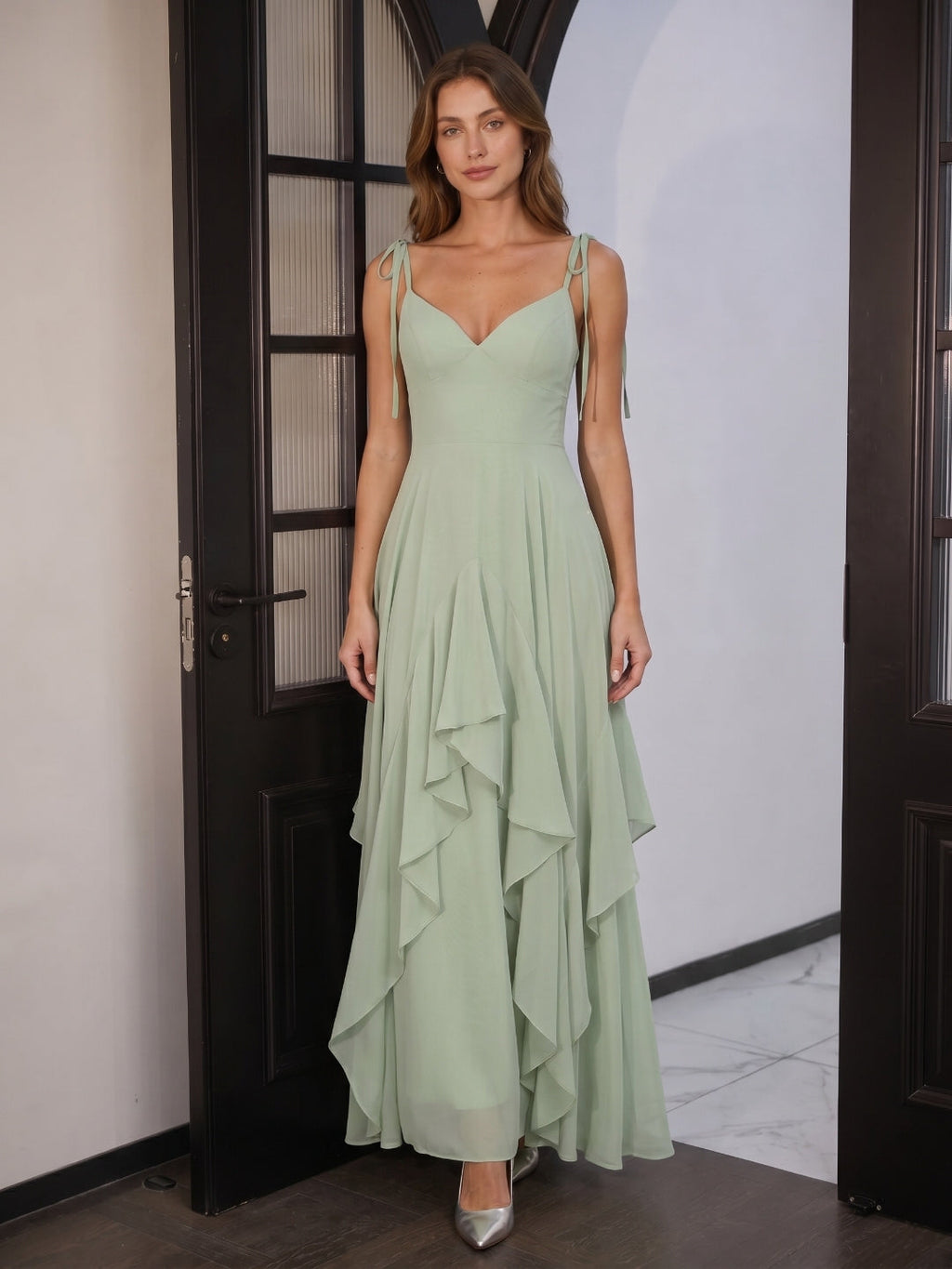 Breezy Dusty Sage Chiffon A-Line V-Neck Backless Floor-Length Bridesmaid Dress with Ruffle - Curvevia