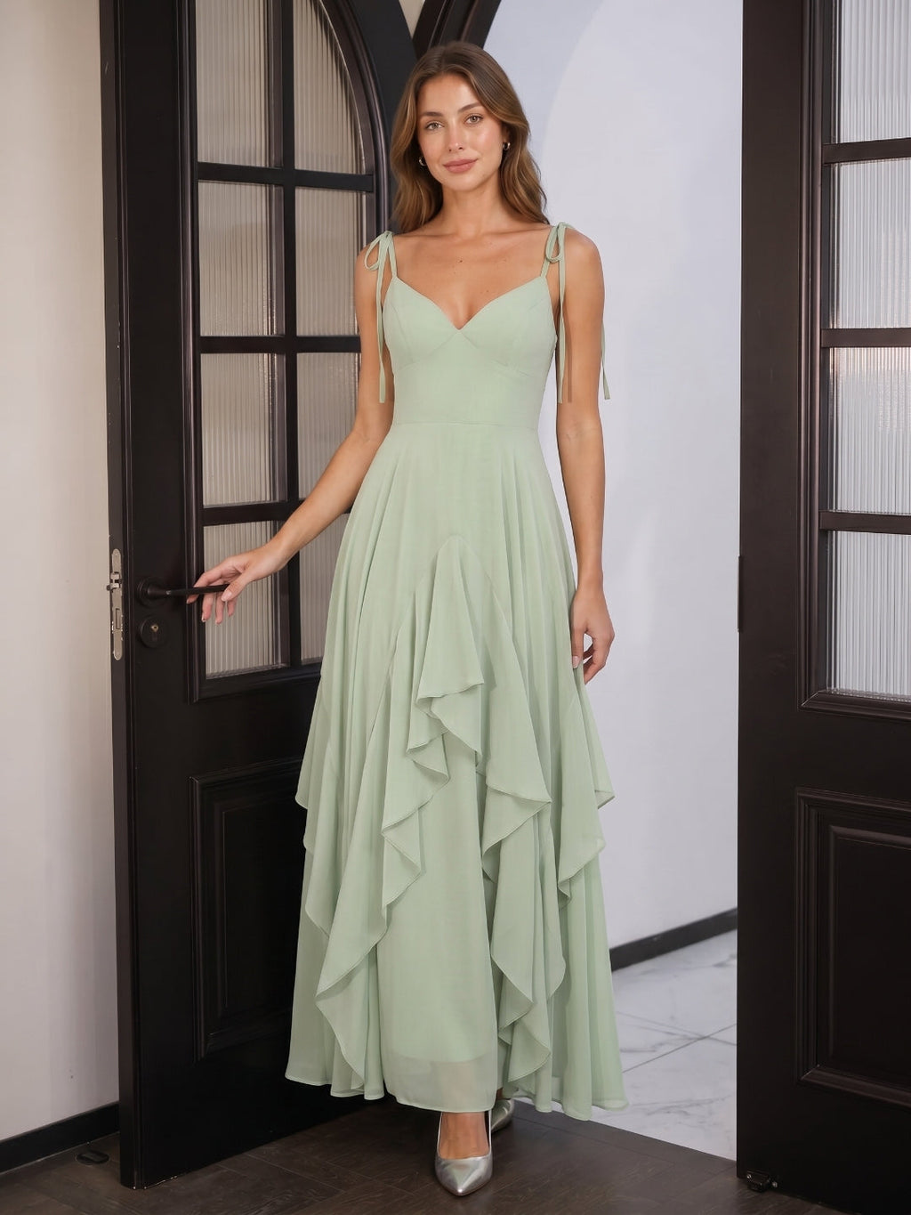 Breezy Dusty Sage Chiffon A-Line V-Neck Backless Floor-Length Bridesmaid Dress with Ruffle - Curvevia