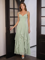 Breezy Dusty Sage Chiffon A-Line V-Neck Backless Floor-Length Bridesmaid Dress with Ruffle - Curvevia