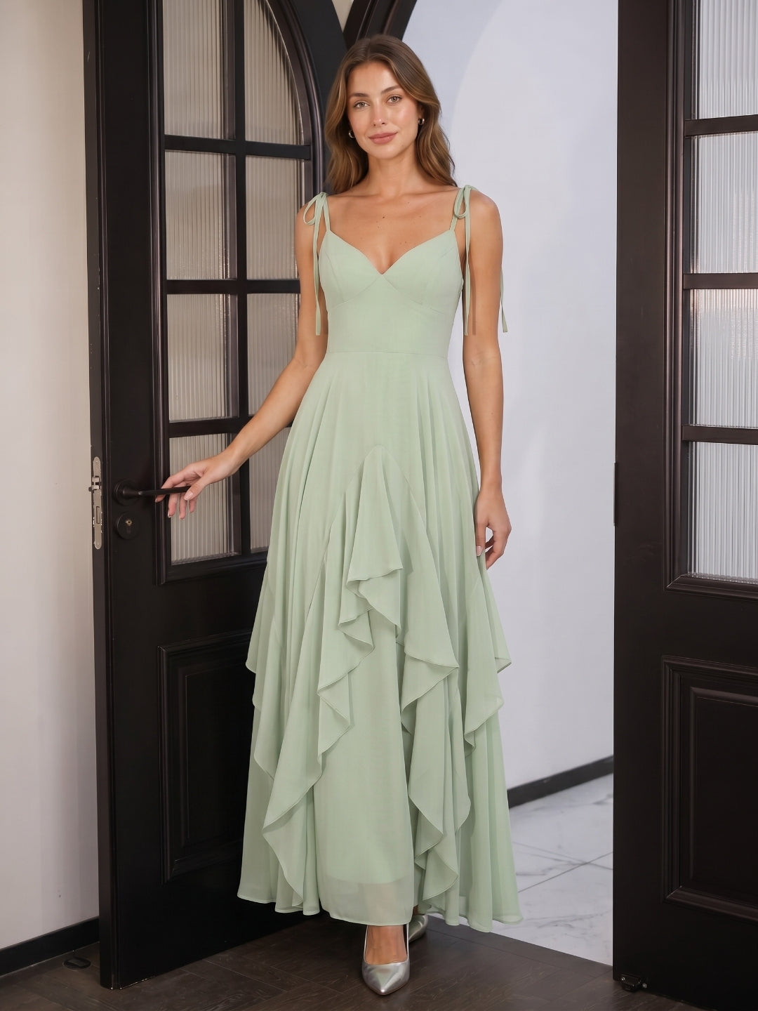 Breezy Dusty Sage Chiffon A-Line V-Neck Backless Floor-Length Bridesmaid Dress with Ruffle - Curvevia