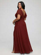 Modest Burgundy Chiffon A-Line Scoop Neck V-Back with nan Ankle-Length Bridesmaid Dress - Curvevia