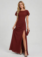 Modest Burgundy Chiffon A-Line Scoop Neck V-Back with nan Ankle-Length Bridesmaid Dress - Curvevia