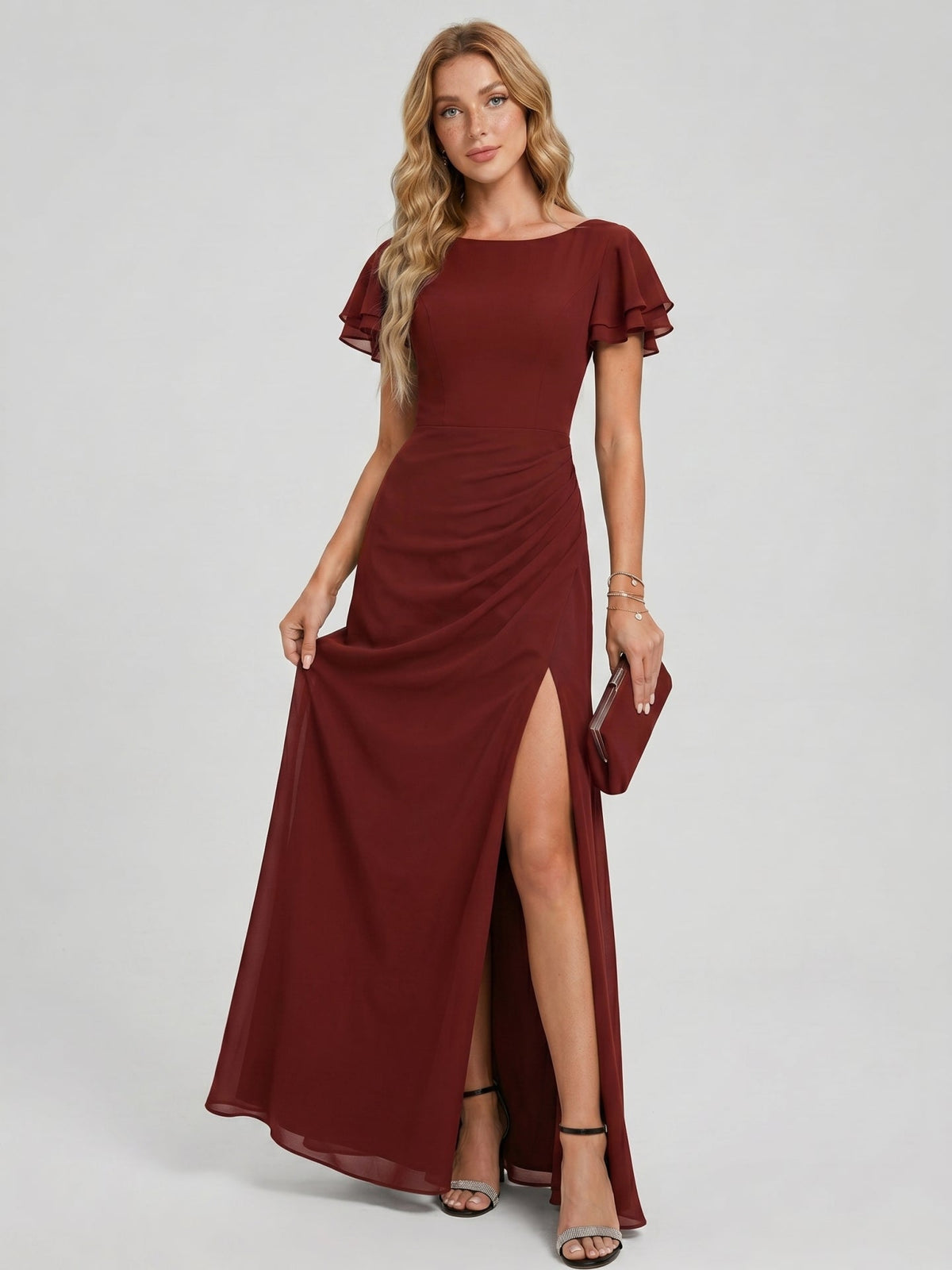 Modest Burgundy Chiffon A-Line Scoop Neck V-Back with nan Ankle-Length Bridesmaid Dress - Curvevia