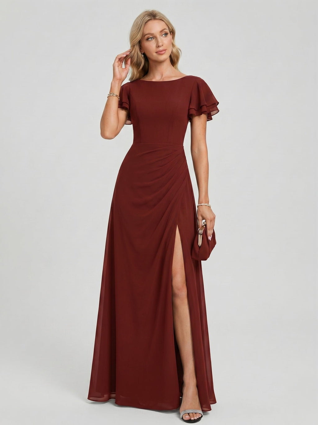 Modest Burgundy Chiffon A-Line Scoop Neck V-Back with nan Ankle-Length Bridesmaid Dress - Curvevia