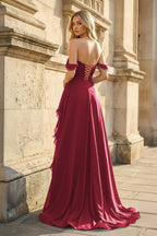 Peacock Off The Shoulder A Line Chiffon Pleated Long Evening Dress With Slit - Curvevia