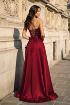A Line Black Strapless Satin Evening Dress With Slit - Curvevia