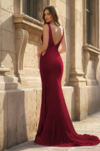 Pink V Neck Mermaid Satin Long Evening Dress With Pearls - Curvevia